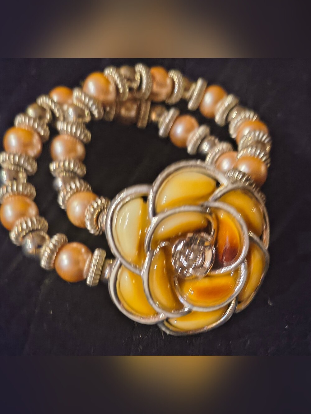 Beige-tone Flower-Accent Beaded Stretch Bracelet